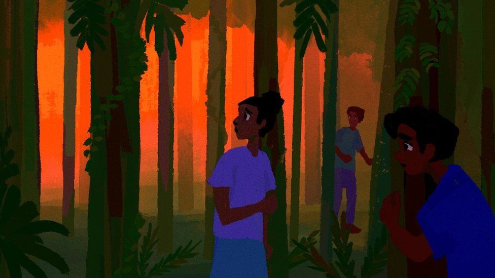 Иллюстрация людей, прячущихся в джунглях