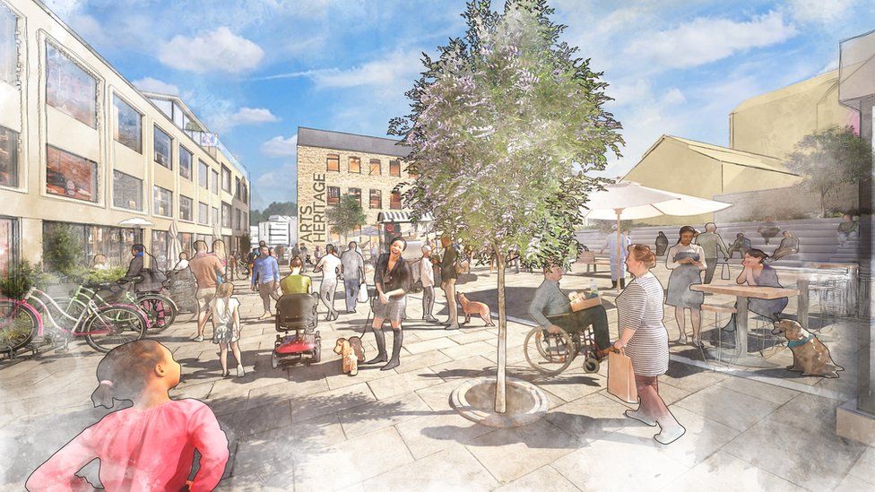 artists impressions of Acorn's designs for Saxonvale Frome including an open air seating area with a tree and buildings around it