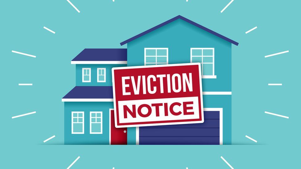 An illustration of a house with an eviction sign