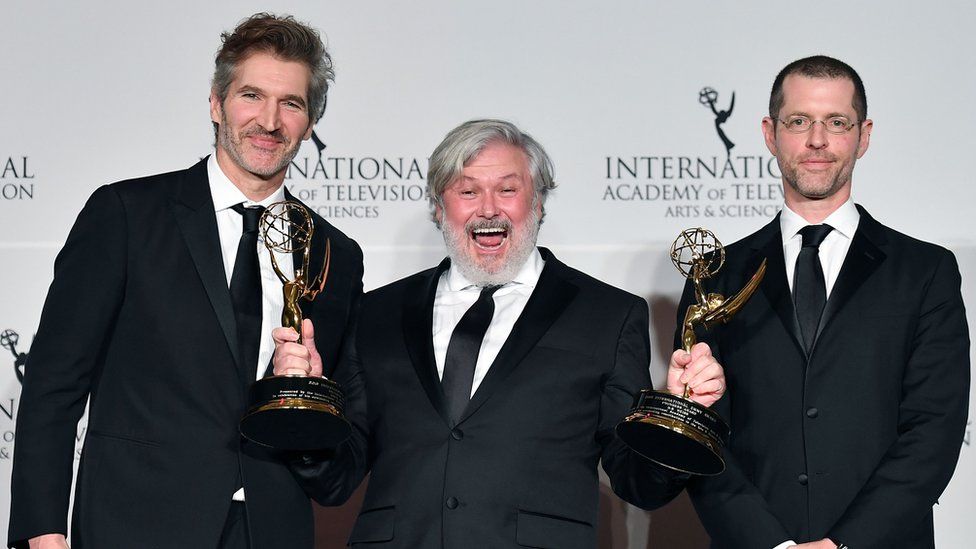 David Benioff (L), British actor Conleth Hill and D. B. Weiss