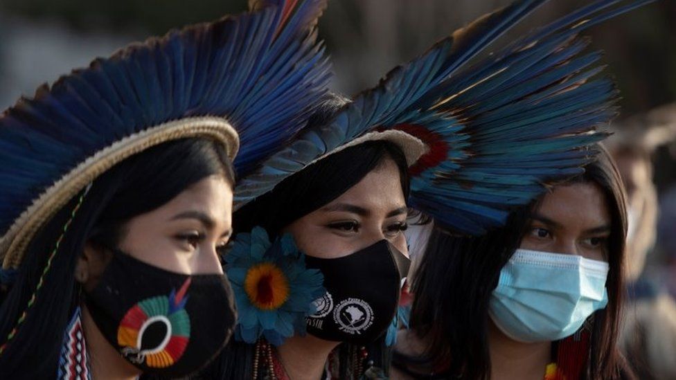 Indigenous people participate in a protest against the Brazilian government, Brasilia 24 August