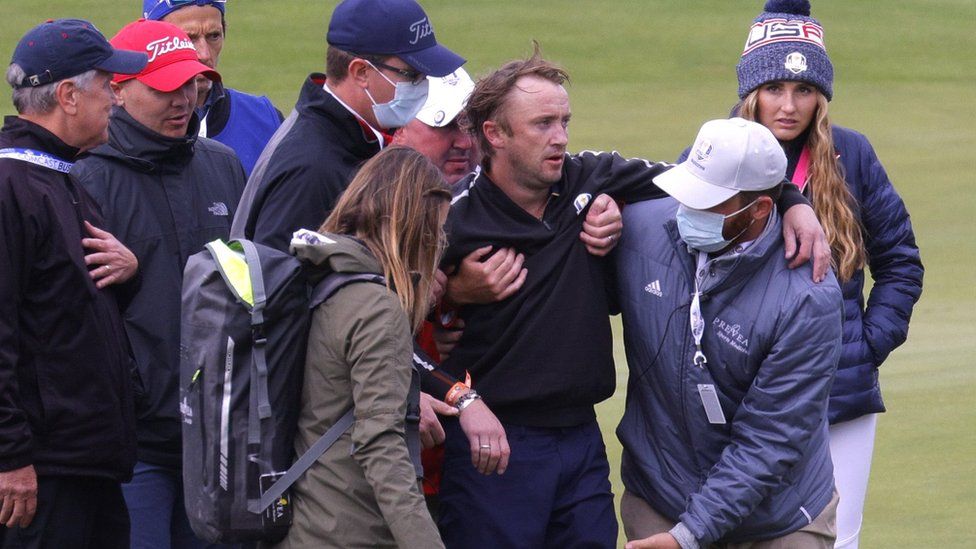 Actor Tom Felton receives medical attention after collapsing during the celebrity matches ahead of the 43rd Ryder Cup at Whistling Straits