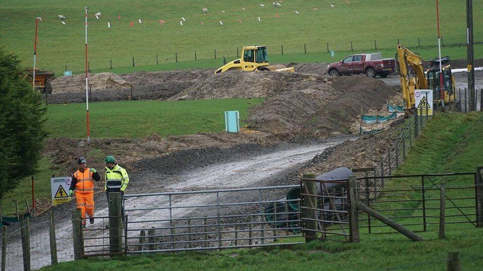 Contractors at the site of Hendy Wind Farm, Powys