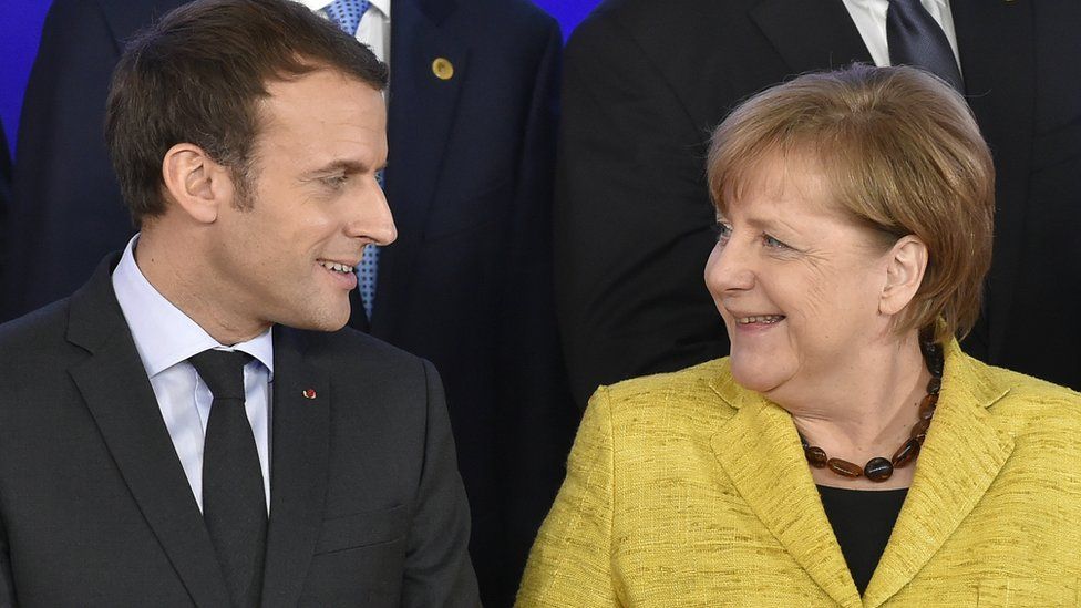 French President Emmanuel Macron Talks with German Chancellor Angela Merkel on first day of a European union summit in Brussels at the EU headquarters on 14 December 2017