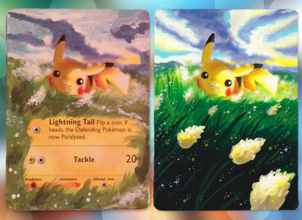 On the left of the picture is a Pikachu card painted roughly. It has basic colours and is clearly very rough and textured. On the right, it has been painted in great detail, with more vibrant colours and appears completely smooth to the touch.