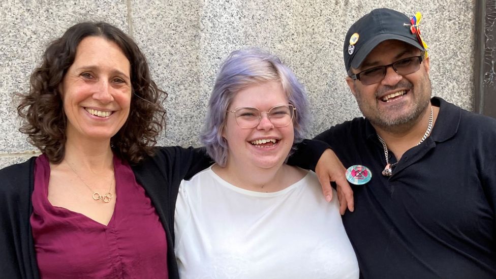 Extinction Rebellion activist Amelia Halls (centre), with Extinction Rebellion spokeswoman Zoe Blackler and Riz Choudhry, outside the Old Bailey, central London,