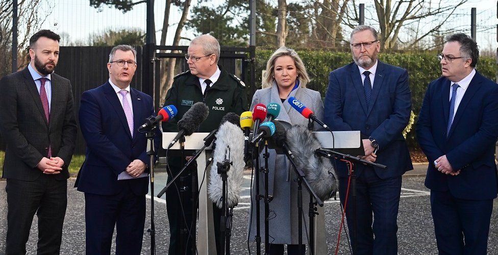Left to right: SDLP leader Colum Eastwood, DUP leader Sir Jeffrey Donaldson, PSNI Chief Constable Simon Byrne, Sinn Féin deputy leader Michelle O'Neill, Stephen Farry from the Alliance party and Ulster Unionist Party leader Doug Beattie.