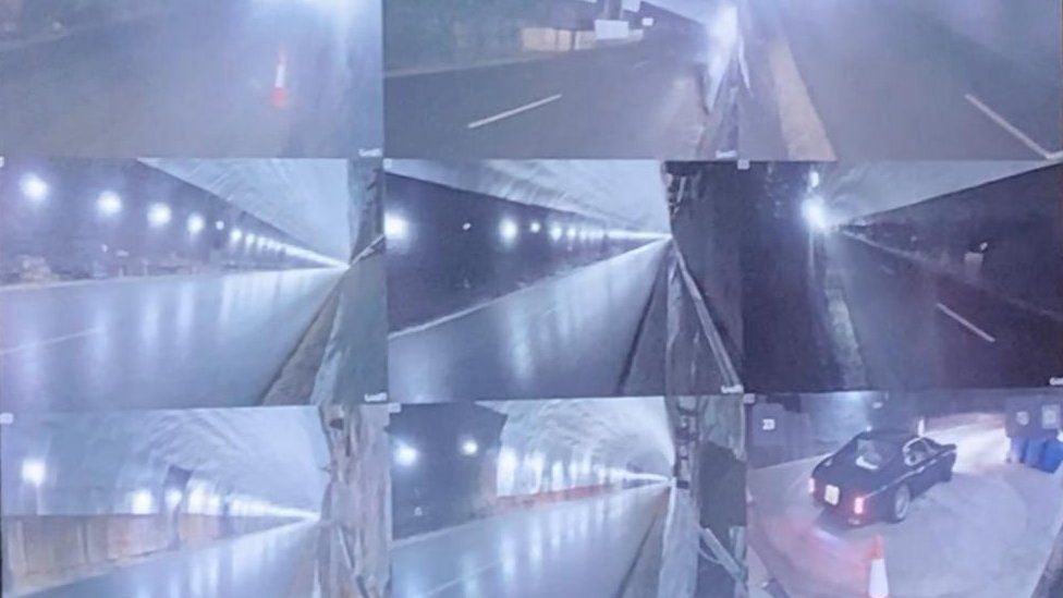 Nine pictures from cameras along the tunnel. One has a car in shot.