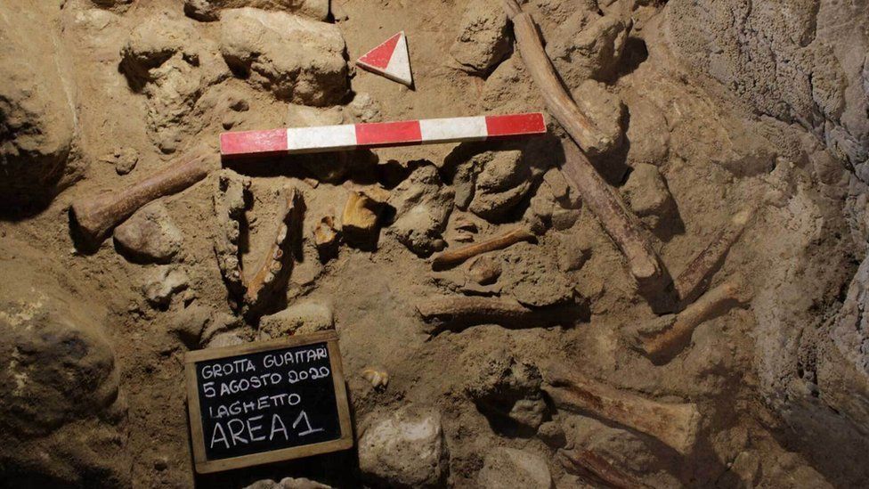 На этом изображении, опубликованном Министерством культуры Италии, показана пещера недалеко от Рима, где были обнаружены кости неандертальцев