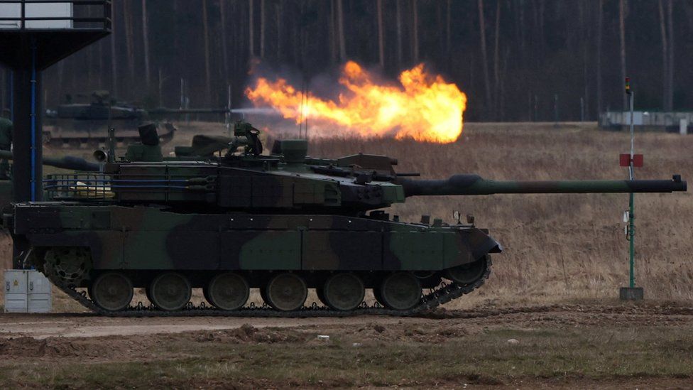A K2 tank participates in a during military drill at a military range in Wierzbiny near Orzysz, Poland