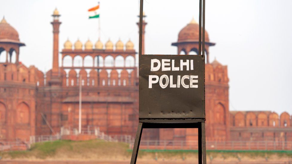 A Delhi Police sign outside the Red Fort.