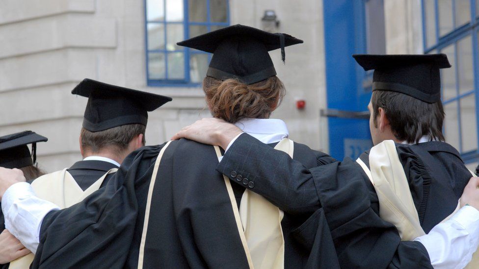 A view from behind of graduates from the London School of Economics wearing robes and mortar boards