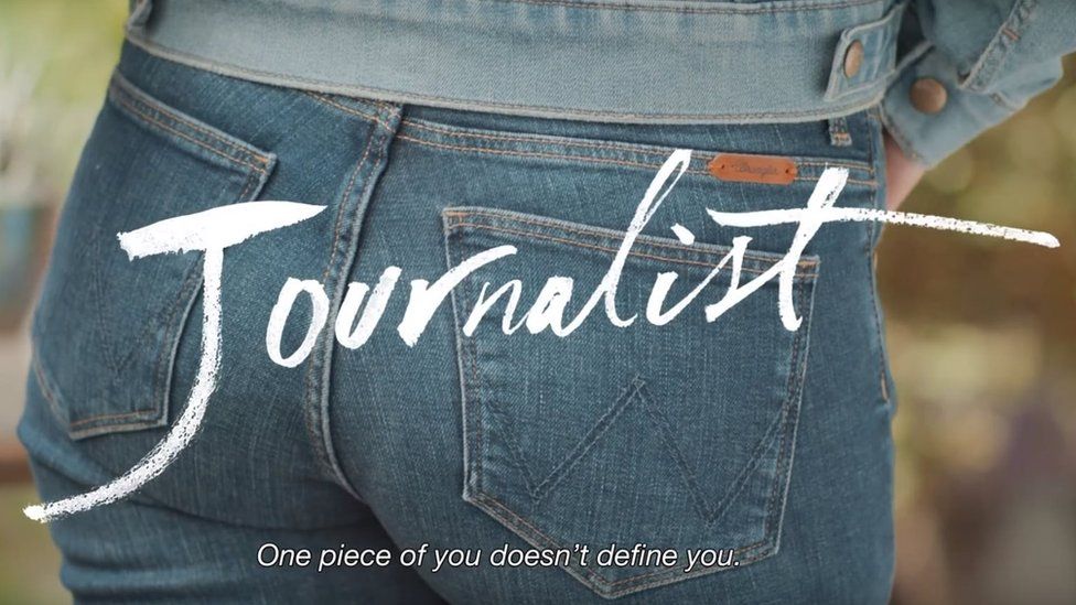 An image from the Wrangler advert, showing a woman's bum with the word 'Journalist' superimposed on it.