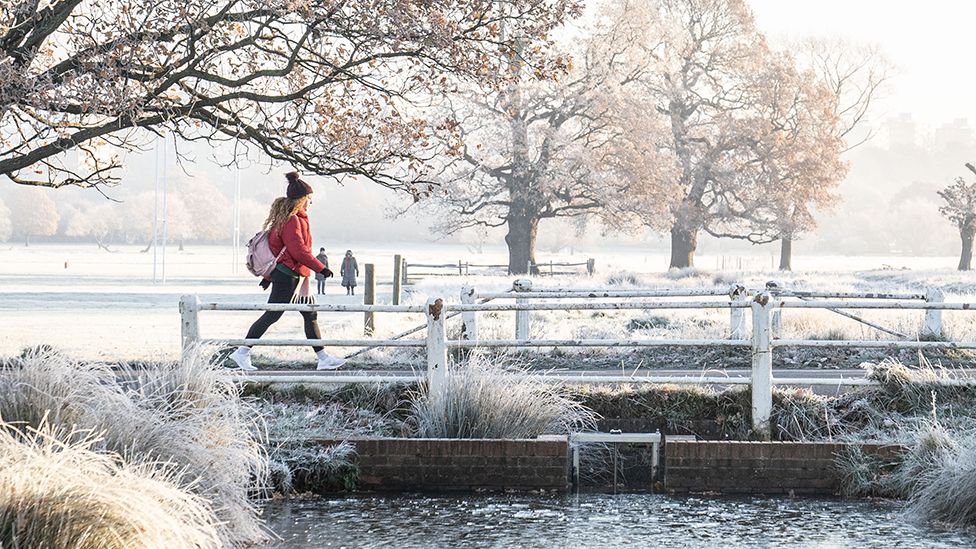 An extremely cold Richmond Park is seen covered in frost with a woman walking across a bridge