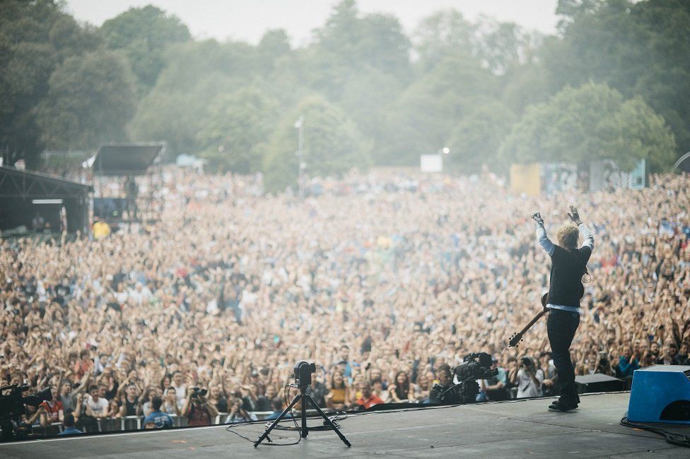 Ed Sheeran on stage at the Biggest Weekend in Swansea