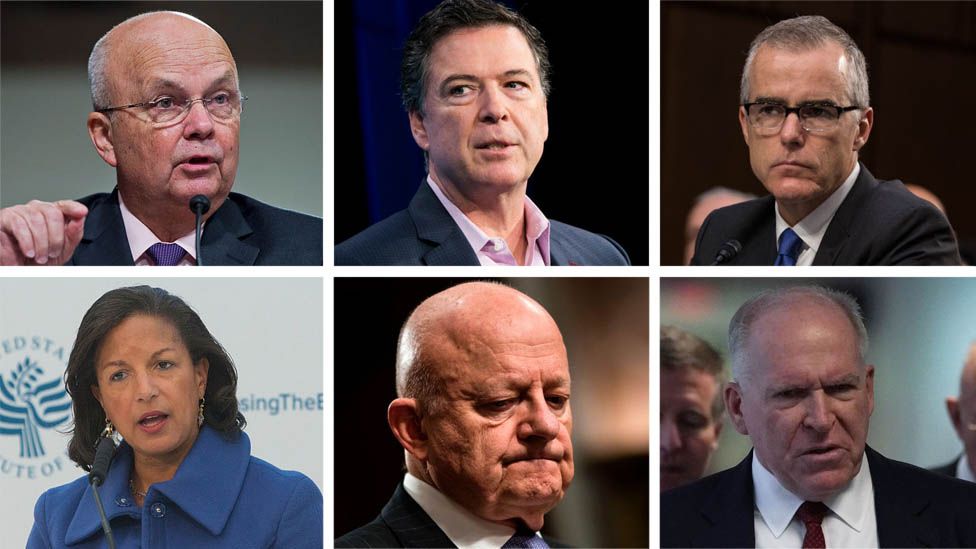 Clockwise from top left: Michael Hayden, James Comey, Andrew McCabe, John Brennan, James Clapper, and Susan Rice.