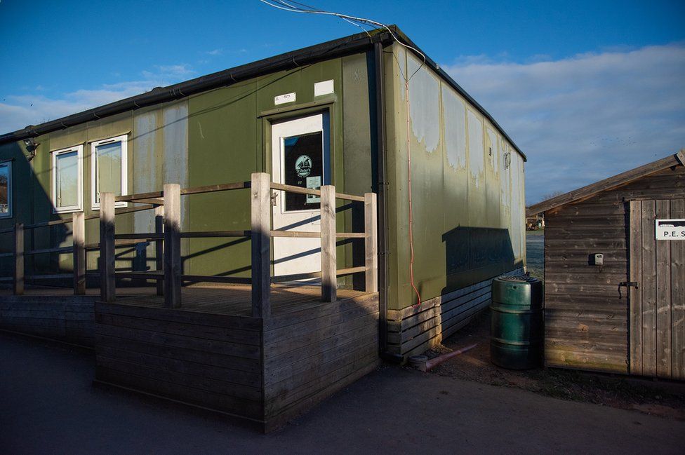 Unheated modular buildings - nicknamed "the sheds" at St Peter's Primary School in Budleigh, Devon.