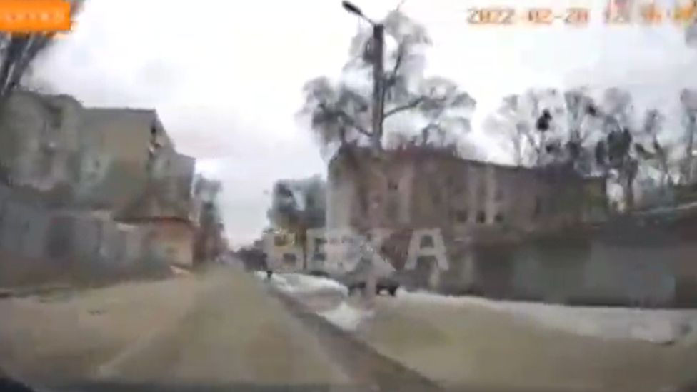 A still from camera footage obtained by the BBC, which shows several explosions along 23 Serpnya Lane