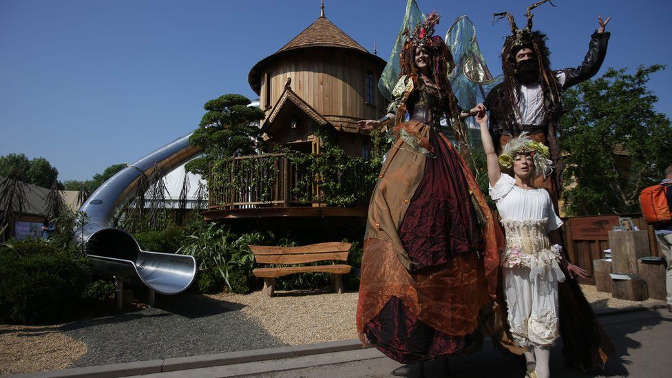 Performers in front of Blue Forest Tree Houses