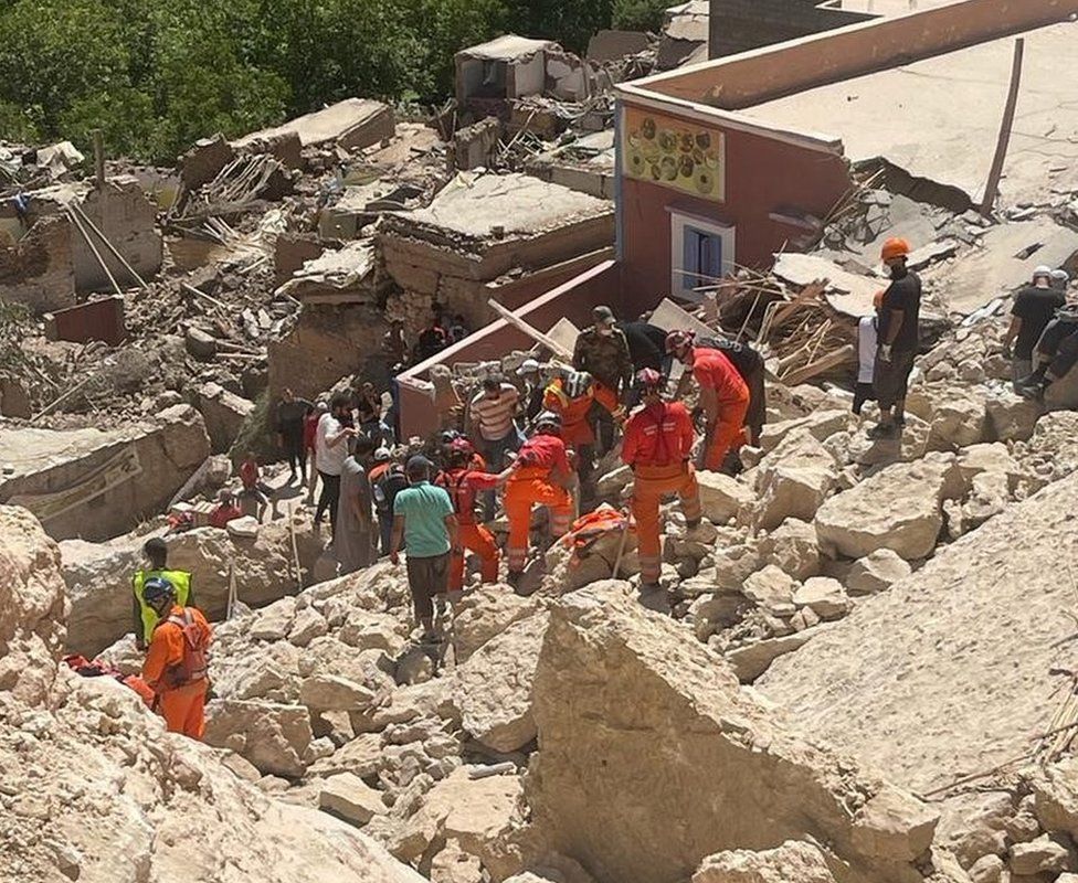 The UK International Search and Rescue team search for survivors trapped under collapsed buildings in the mountains of Asni, in Morocco