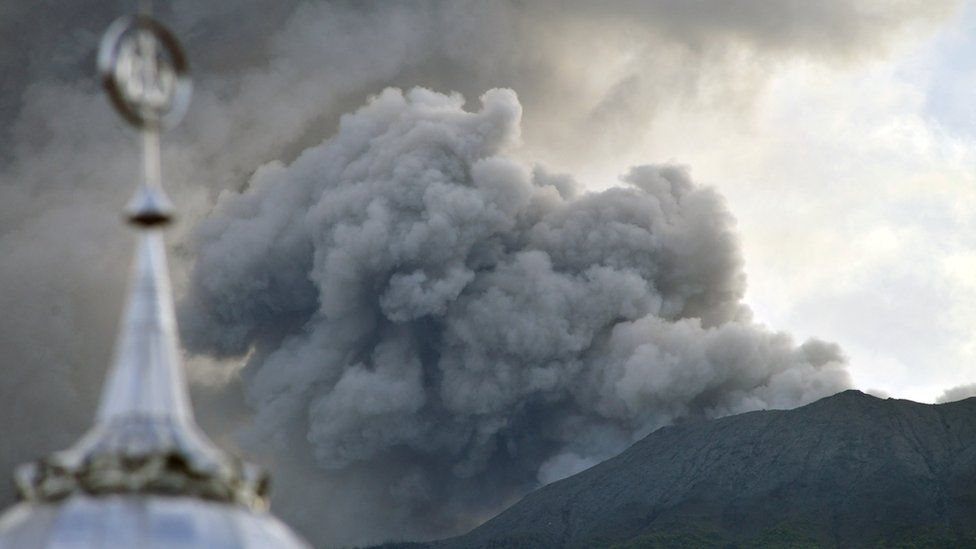 Mount Marapi volcano spews volcanic ash as seen from Nagari Batu Palano in Agam, West Sumatra province, Indonesia 4 December 2023, in this photo taken by Antara Foto