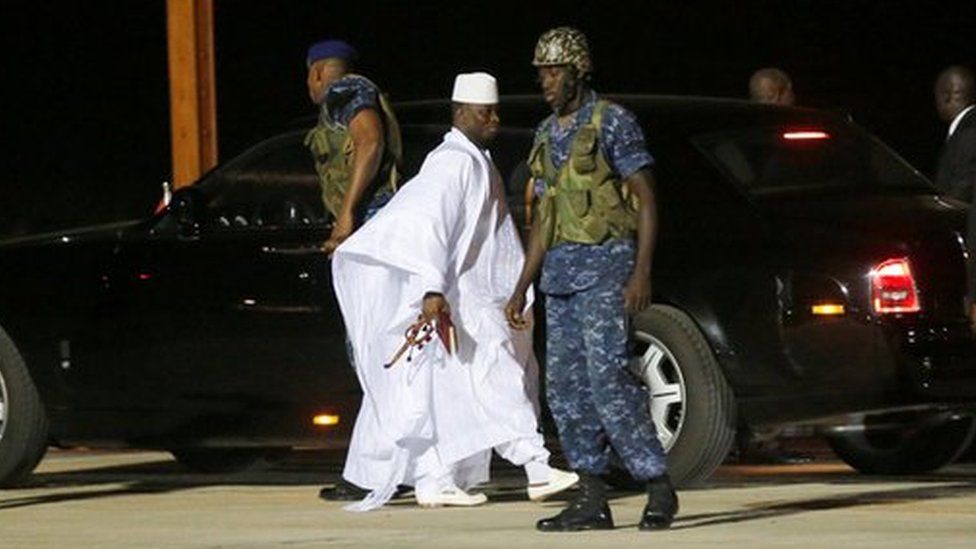 Former Gambian President Yahya Jammeh arrives at the airport before flying into exile from Gambia, January 21, 201