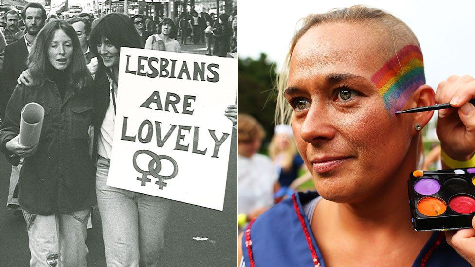 A split image of two women in Sydney's 1978 Mardi Gras holding a sign saying "lesbians are lovely" and a woman from a last year's parade having her face painted with a rainbow flag