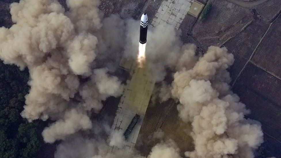Aerial shot of North Korea's Hwasong-17 missile that was launched on 24 March