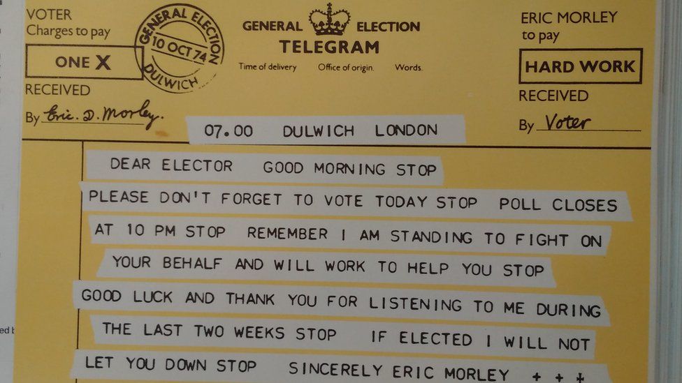 1974 Conservative election leaflet in the style of a telegram