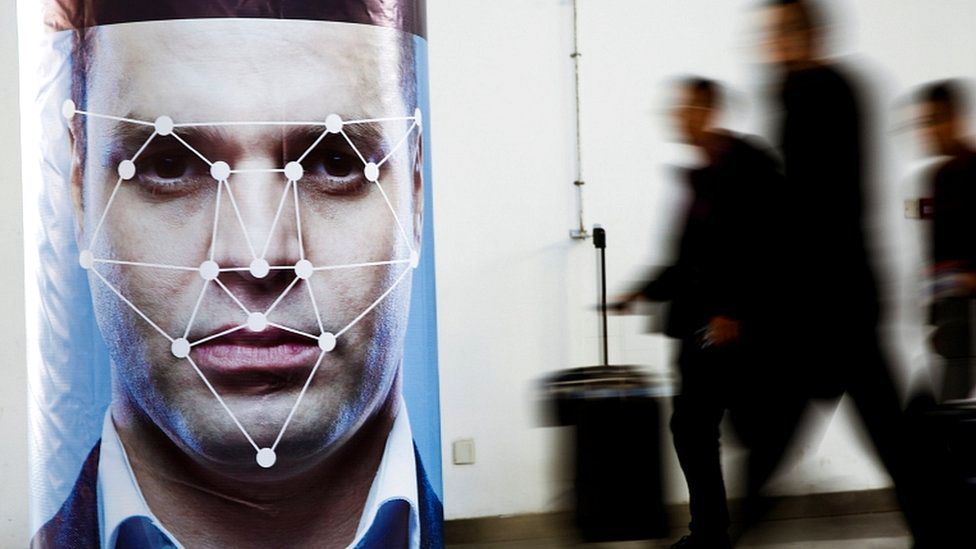 A poster simulating facial recognition software at the Security China 2018 exhibition in Beijing, October 24, 2018
