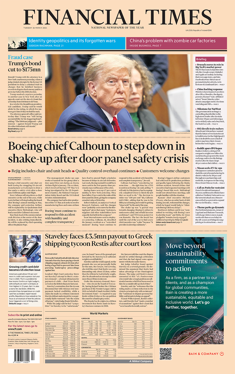 The main headline on the front page of the Financial Times reads: "Boeing chief Calhoun to step down in shake-up after door panel safety crisis"