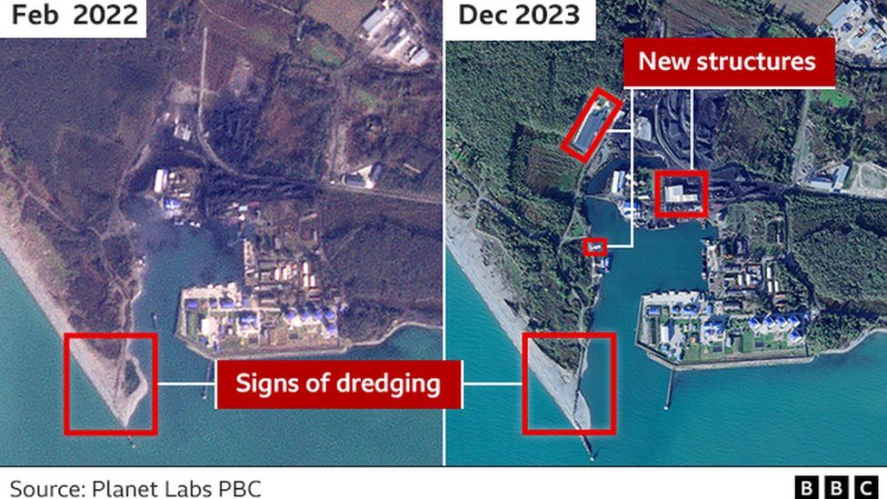 Two images side-by-side comparing an area of the Georgia coast in February 2022 and December 2023. The December 2023 image shows structures that are not in the February 2022 image.