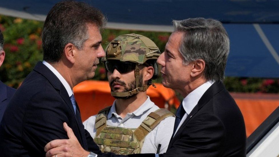 Israeli Foreign Minister Eli Cohen greets Antony Blinken at Ben Gurion airport