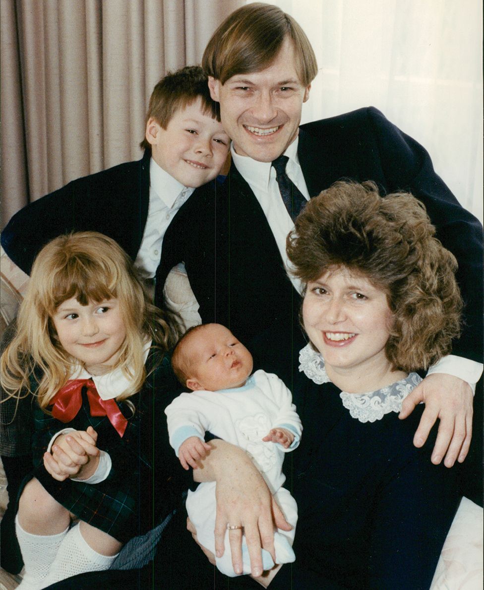 MP David Amess pictured with his wife Julia, baby daughter Alexandra and two of their other children, David and Katherine.