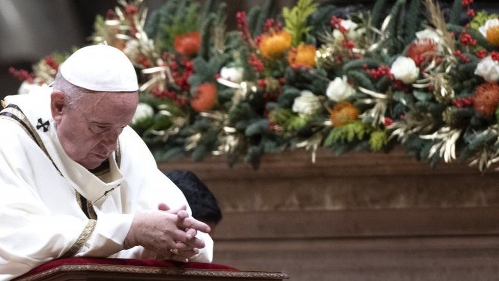 Pope Francis during a Christmas Eve mass in St Peter's Basilica at the Vatican. Photo: 24 December 2019