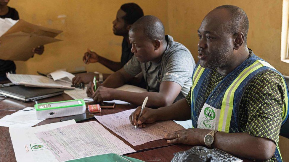 An Independent National Electoral Commission (INEC) official announces ward results at the INEC offices in Awka, Nigeria, on February 26, 2023 following the Nigeria presidential and general election