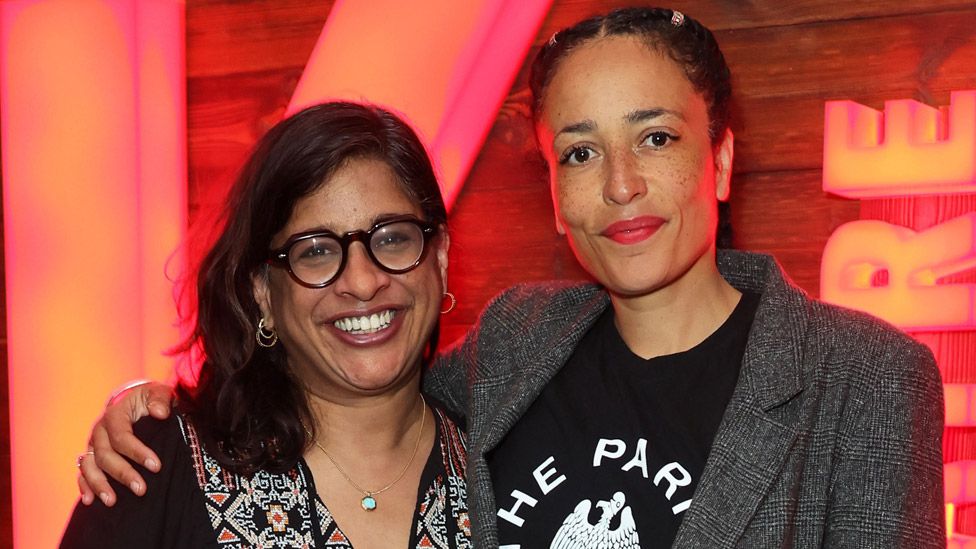 Indhu Rubasingham (L) and Zadie Smith attend the press night after party for "Retrograde" at the Kiln Theatre on April 26, 2023 in London