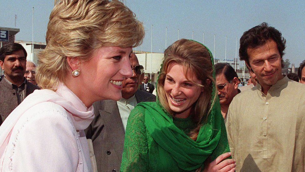 Diana, then Princess of Wales, is welcomed to Lahore by Imran and Jemima Khan in April 1996