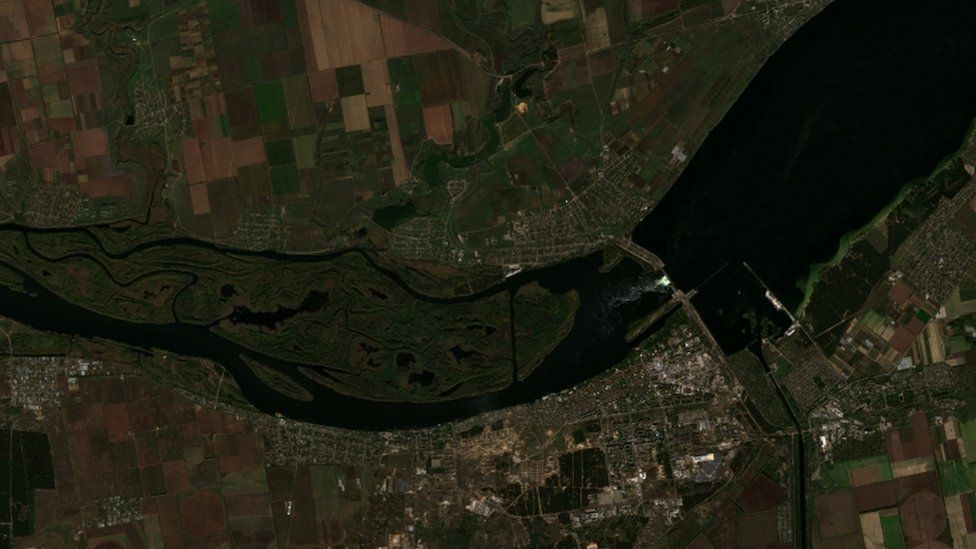 A satellite image shows a view of the location of the Kakhovka dam and the surrounding region in Kherson Oblast, Ukraine, October 18, 2022