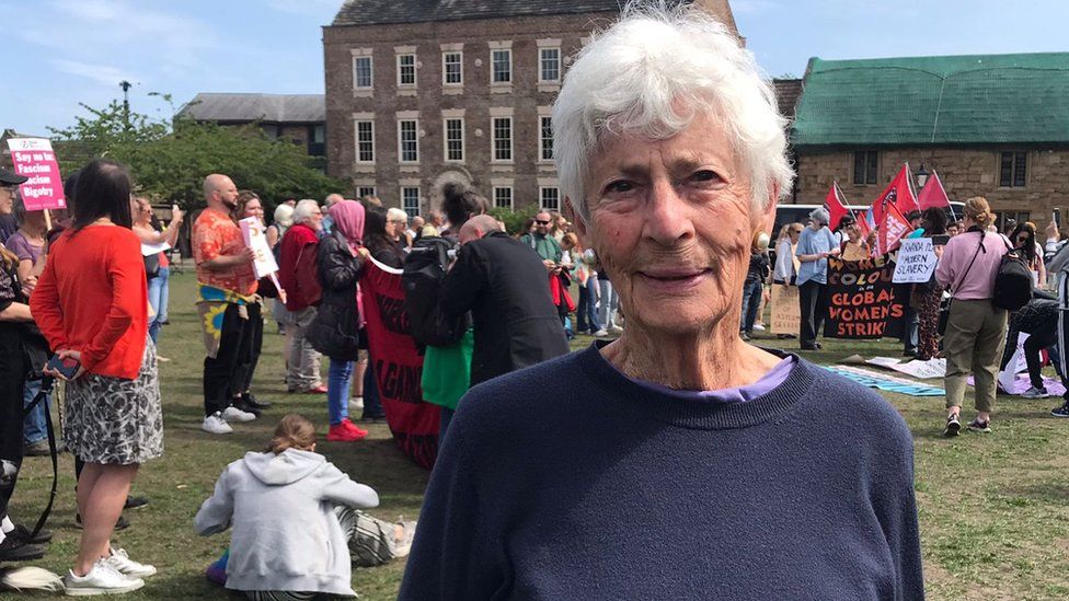 Human rights lawyer Margaret Owen at the demonstration on Palace Green in Durham City