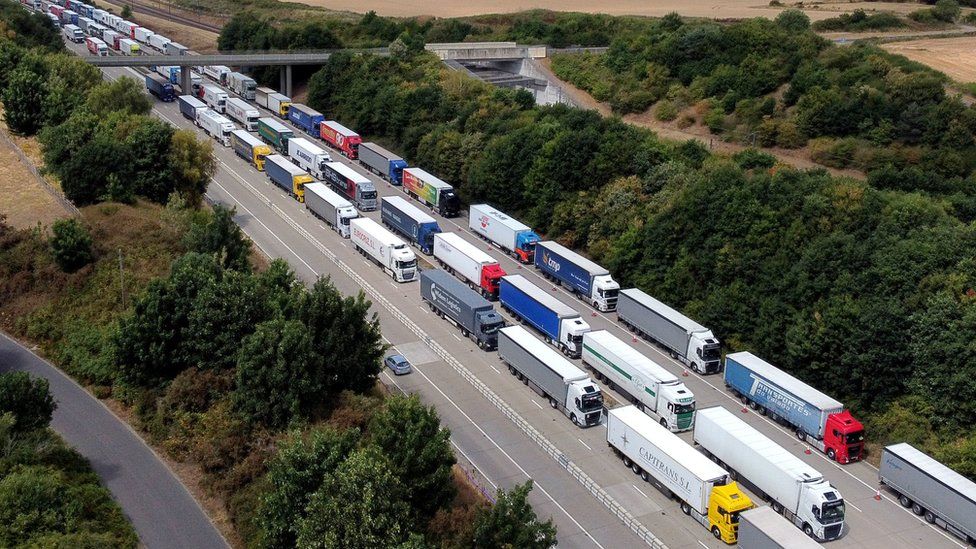 Lorries queuing during Operation Brock on the M20 near Ashford in Kent