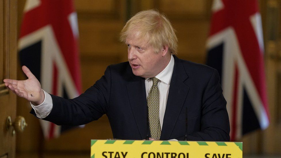 Handout photo issued by 10 Downing Street of Prime Minister Boris Johnson during a media briefing in Downing Street, London, on coronavirus