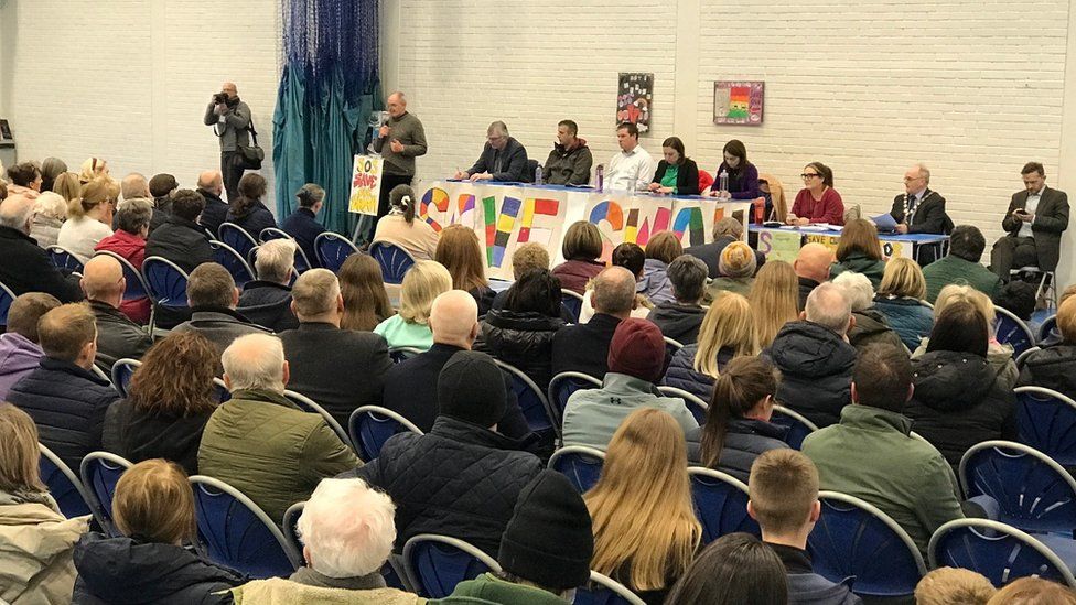 The crowd at the demonstration at the Lakeland Forum in Enniskillen