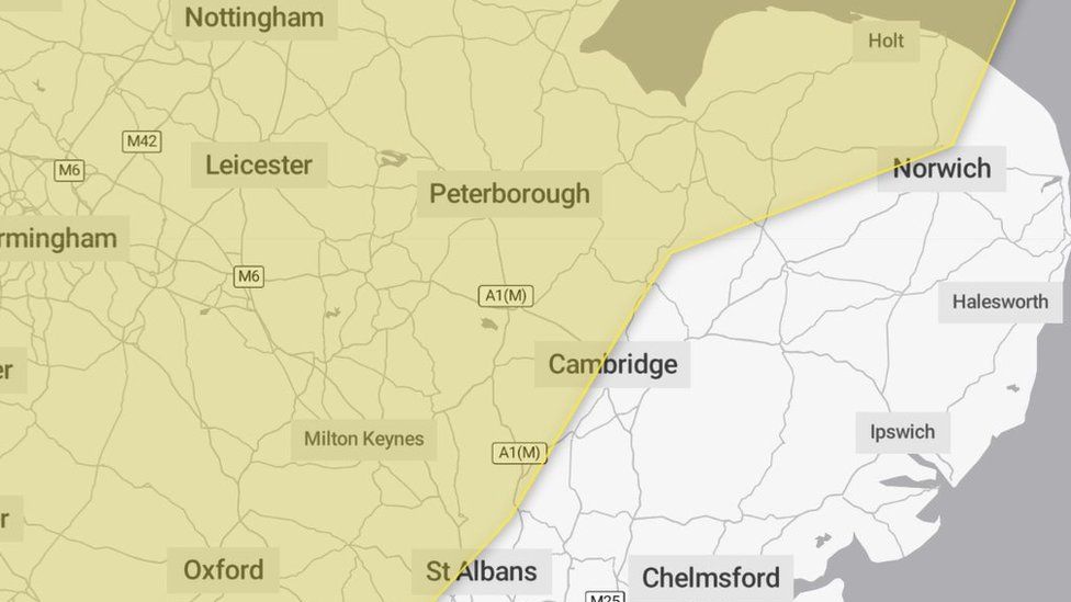 The yellow weather warning covers many counties in the East of England