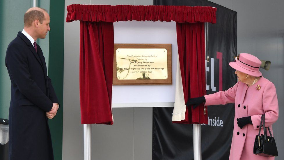 The Duke of Cambridge watches as the Queen unveils a plaque to officially open the new Energetics Analysis Centre at the Defence Science and Technology Laboratory (DSTL) at Porton Down, Wiltshire.