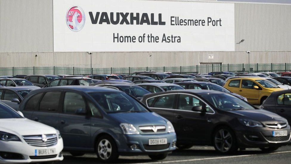 Vauxhall cars parked outside the Ellesmere Port plant.