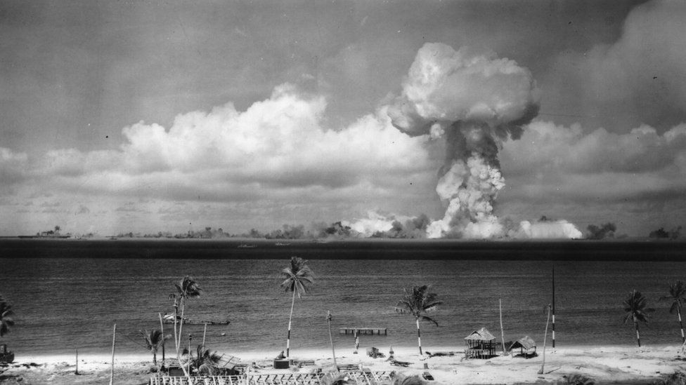 July 1946: A mushroom cloud forms after the initial Atomic Bomb test explosion off the coast of Bikini Atoll, Marshall Islands.