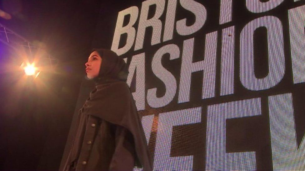 Hijab-wearing model at Bristol Fashion Week on the catwalk