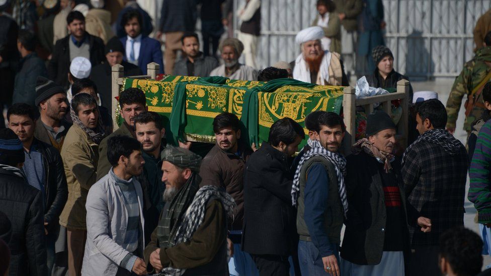 Afghan mourners carry the coffin of one of the six Afghan employees of the Red Cross in Mazar-i-Sharif on February 9, 2017