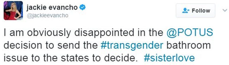 Tweet from singer Jackie Evancho reads: I am obviously disappointed in the @POTUS decision to send the #transgender bathroom issue to the states to decide.
